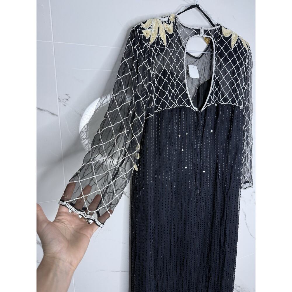 Beaded Silk Laurence Kazar Evening Gown Large VTG Dress Black White Regal Art - Picture 8 of 16